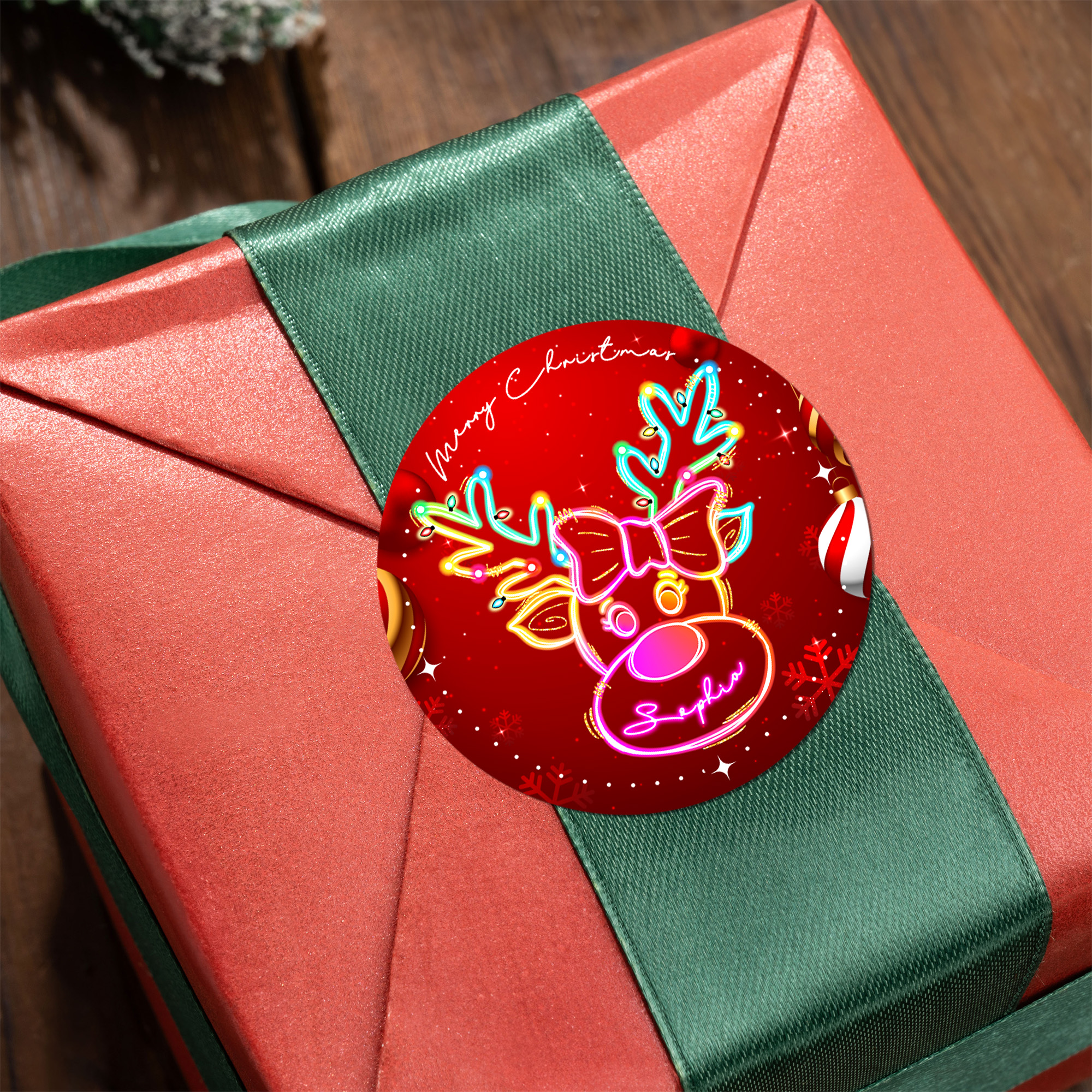 Personalisierte Neon Wasserdichte Etiketten-Aufkleber mit Niedlichem Rentier Namen Zimmer Deko Weihnachts- und Partygeschenk für Familie Freunde