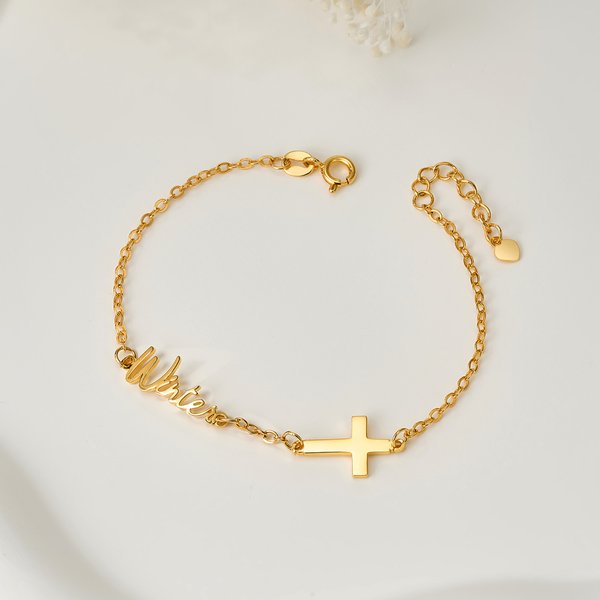 Personalised Minimalist Cross Bracelet with Name Birthday Christening Baptism Gift for Women