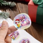 Personalised Christmas Cartoon Character Waterproof Stickers with Glitter Pink Bow Initial and Name Christmas Gift for Family Friend