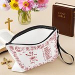 Personalizzato Toile De Jouy Nascita Fiore Bibbia Capitolo Nome Borsa trucco con cinturino Battesimo Compleanno Regalo di Natale per le donne cristiane