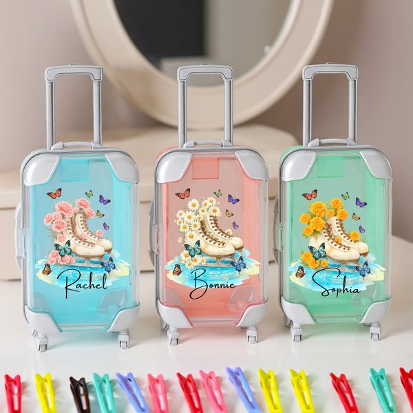Personalized Ice Skate Birth Flower Mini Hair Accessory Suitcase Shape Storage Box with Name Birthday Christmas Gift for Ice Skating Enthusiasts