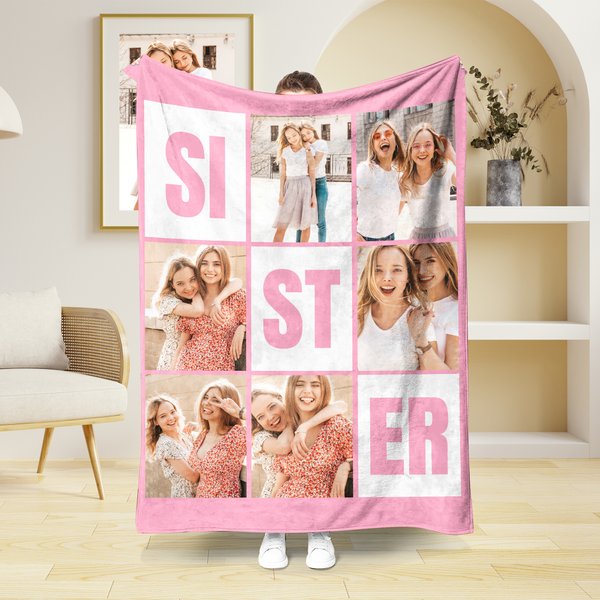 Gepersonaliseerd Negenhoekig Raster Zus Zachte Deken met 6 Foto's Collage Home Decor Verjaardag Verjaardagscadeau voor Besties Vrienden