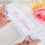 Personalised Something Blue Embroidered Text Lace Bow Wedding Garter with Heart-Shaped Charm  Wedding Bridal Shower Gift for Bride
