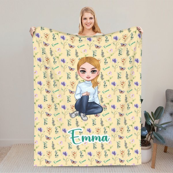 Personalisierte Decke mit Geburtsblumen-Hintergrund Cartoon-Figur Namen Wohndeko Weihnachten Jahrestag Geburtstag Geschenk für Familie Freunde