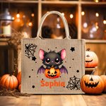 Bolsa de yute de Halloween personalizada con el nombre de un simpático murciélago de dibujos animados Fiesta de Halloween Regalo para niños Niñas