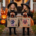 Bolsa de yute de Halloween personalizada con el nombre de un simpático murciélago de dibujos animados Fiesta de Halloween Regalo para niños Niñas
