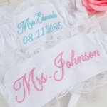 Personalised Something Blue Embroidered Text Lace Bow Wedding Garter with Heart-Shaped Charm  Wedding Bridal Shower Gift for Bride