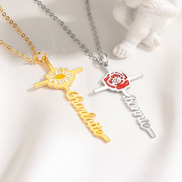 Personalised Coloured Birth Flower Cross  Necklace with Name Dainty Jewellery Birthday Anniversary Gift for Christians Women