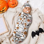 Calabaza fantasma personalizado suave manta del bebé Swaddle nudo sombrero conjunto con el nombre de Halloween regalo para los nuevos padres