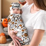 Calabaza fantasma personalizado suave manta del bebé Swaddle nudo sombrero conjunto con el nombre de Halloween regalo para los nuevos padres