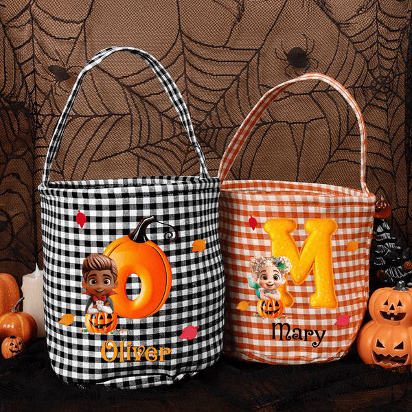 Personalized Halloween Costumes Cartoon Character Checkered Bag Candy Basket with Initial and Name Trick or Treat Party Gift for Family Boys Girls