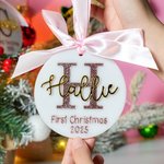 Personalized First Christmas Pink Bow Ribbon Acrylic Ornament with Glitter Initial Holiday Tree Decor  Gift for Baby Girl