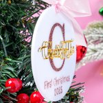 Personalized First Christmas Pink Bow Ribbon Acrylic Ornament with Glitter Initial Holiday Tree Decor  Gift for Baby Girl