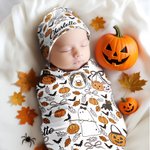Calabaza fantasma personalizado suave manta del bebé Swaddle nudo sombrero conjunto con el nombre de Halloween regalo para los nuevos padres