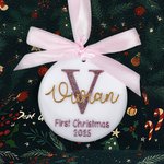 Personalized First Christmas Pink Bow Ribbon Acrylic Ornament with Glitter Initial Holiday Tree Decor  Gift for Baby Girl