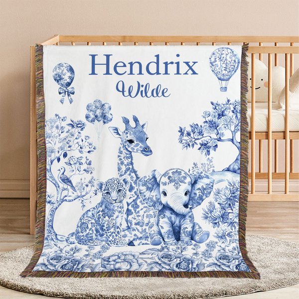 Personalizzato Retro Toile De Jouy Leopardo Giraffa Elefante Coperta morbida con nome e nappe Home Decor Regalo di compleanno per la famiglia