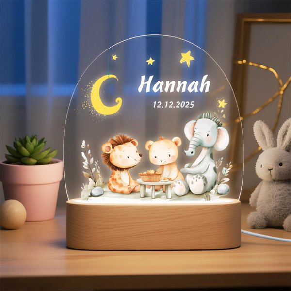 Personalized Cute Forest Animal Lion Elephant LED Night Light with Wooden Base and Name Nursery Decor Baby Shower Birthday Gift for Kids