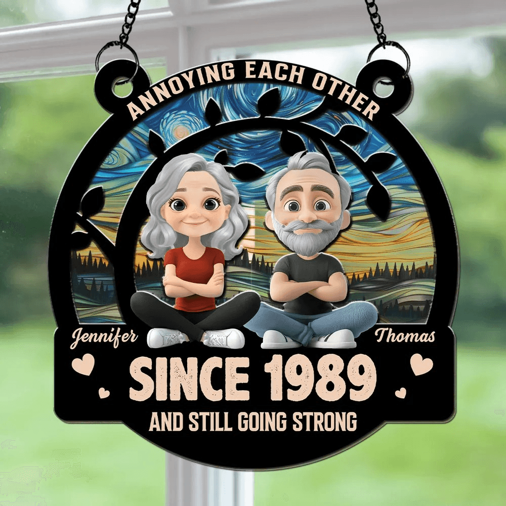 Custom Cartoon Characters Colorful Suncatcher with Name and Year, Love You Forever 2-Layer Window Hanging, Anniversary/Birthday Gift for Couple/Family