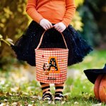 Personalized Halloween Costumes Cartoon Character Checkered Bag Sweets Basket with Initial and Name Trick or Treat Party Gift for Family Boys Girls