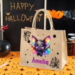 Bolsa de yute de Halloween personalizada con el nombre de un simpático murciélago de dibujos animados Fiesta de Halloween Regalo para niños Niñas