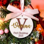 Personalized First Christmas Pink Bow Ribbon Acrylic Ornament with Glitter Initial Holiday Tree Decor  Gift for Baby Girl