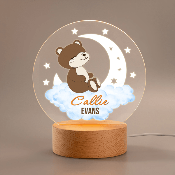 Henkilökohtainen Dreamy Moon Forest Animal LED-yövalo, jossa on nimiteksti ja puinen pohja lastenhuoneen sisustus Syntymäpäivä Baby Shower lahja Baby Kidille