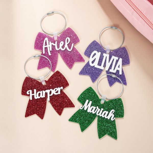 Henkilökohtainen Monivärinen Glitter Cheer Bow akryyli laukku Tag nimi ja vanne takaisin kouluun Game Day lahja Cheerleaders Naiset Ystävät