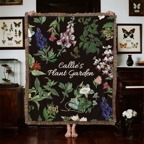 Personalised Gothic Herbs Tassel Soft Throw Blanket with Name Home Decor Halloween Party Gift for Goth and Herbal Enthusiasts
