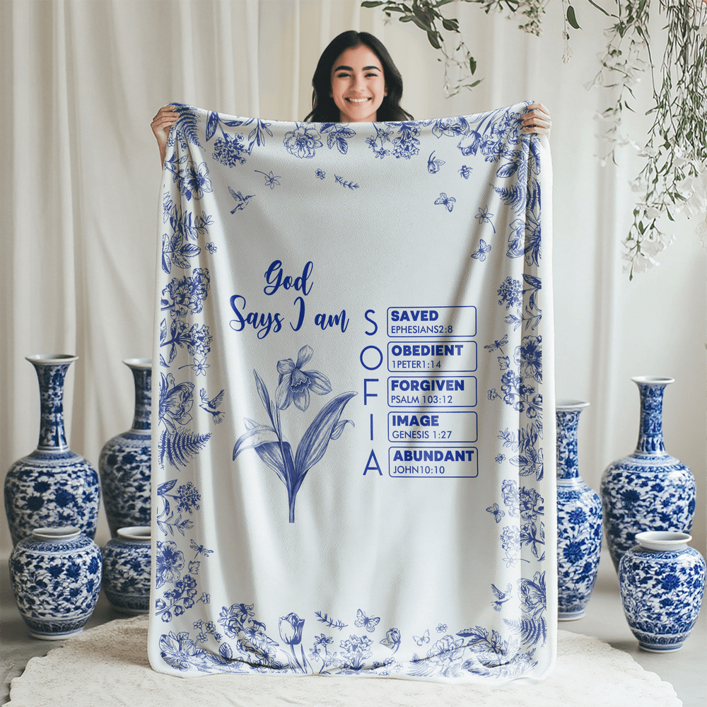 Personalized Name Birth Flower Toile De Jouy Bible Verses Blanket, Flannel/Sherpa Soft Bed Couch Throw, Home Decor, Birthday Gift for Christian Women