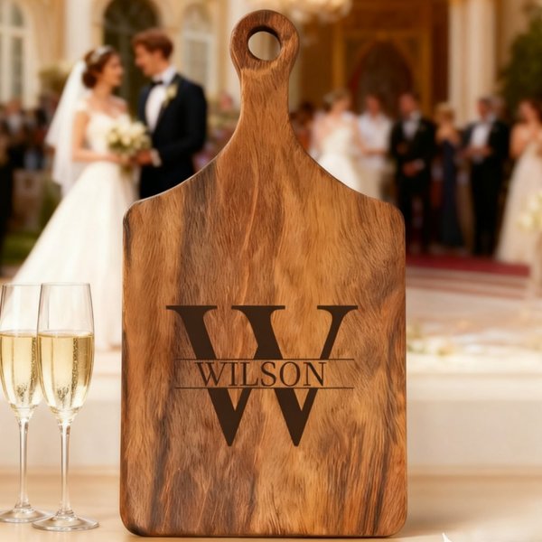 Personalized Wood Engraved Monogram Reversible Cheese Charcuterie Cutting Board with Grip Ship from USA Bridal Shower Wedding Gift for Newlywed Couple