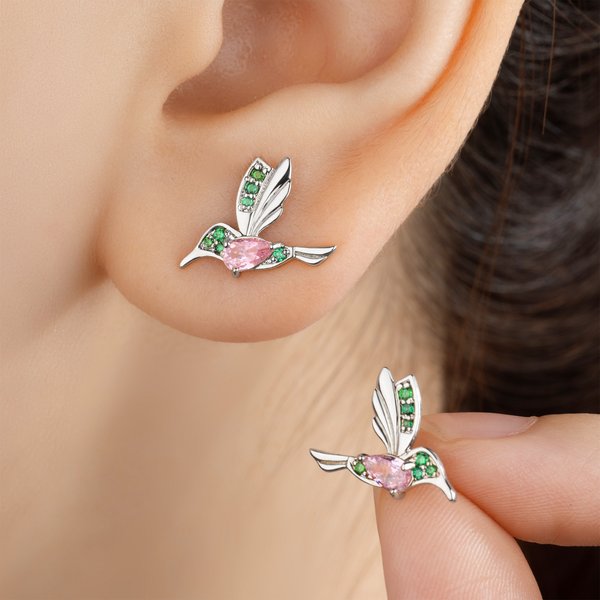 Personalized Hummingbird Birthstone Zircon Stud Earrings Dainty Jewelry Birthday Anniversary Gift for Women Hummingbird Lovers