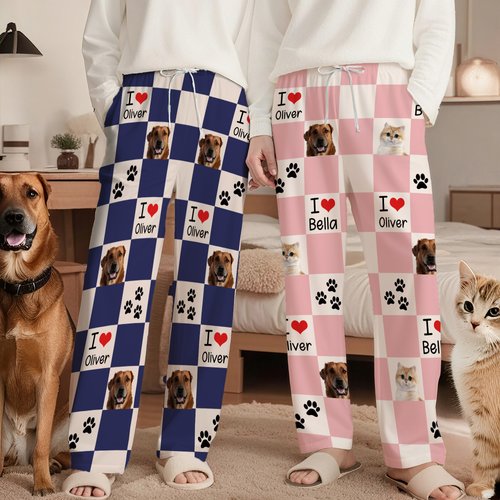 Gepersonaliseerde Pootjes en Dambordprint Lange Pyjamabroek met Naam met Trekkoord voor 1-4 Huisdierfoto’s Verjaardagscadeau voor Huisdierliefhebbers