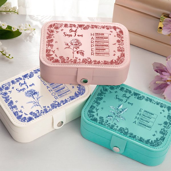 Spersonalizowane pudełko na biżuterię Toile De Jouy Birth Flower Bible Chapter Name PU Leather Birthday Christmas Gift for Christians Women