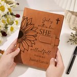 Funda A5 personalizado de cuero PU con diseño de girasol y versículo bíblico más bolsillo regalo de fe cristiana para mujeres