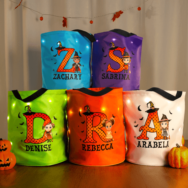Personalised Cartoon Character Pumpkin Design LED Light Candy Bucket with Name and Initial Trick or Treat Halloween Party Gift for Girls Boys