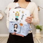 Personalized Birth Flower Cartoon Character Multicolour Waffle Makeup Bag with Name and Zipper Travel Essentials Wedding Party Birthday Gift for Women