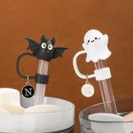 Personalized Bat Pumpkin Witch Hat Ghost Straw Topper with Initial Charm Accessory for Stanley Cup Halloween Gift for Family Friends