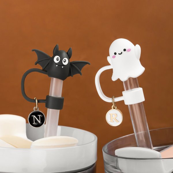 Personalized Bat Pumpkin Witch Hat Ghost Straw Topper with Initial Charm Accessory for Stanley Cup Halloween Gift for Family Friends