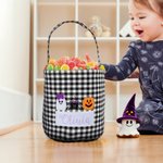 Personalized Witch Hat Spooky Ghost Gingham Canvas Trick or Treat Bag with Embroidered Applique Patterns and Name Halloween Gift for Girls Boys