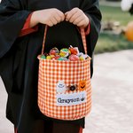 Personalized Witch Hat Spooky Ghost Gingham Canvas Trick or Treat Bag with Embroidered Applique Patterns and Name Halloween Gift for Girls Boys