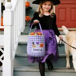 Personalized Witch Hat Spooky Ghost Gingham Canvas Trick or Treat Bag with Embroidered Applique Patterns and Name Halloween Gift for Girls Boys