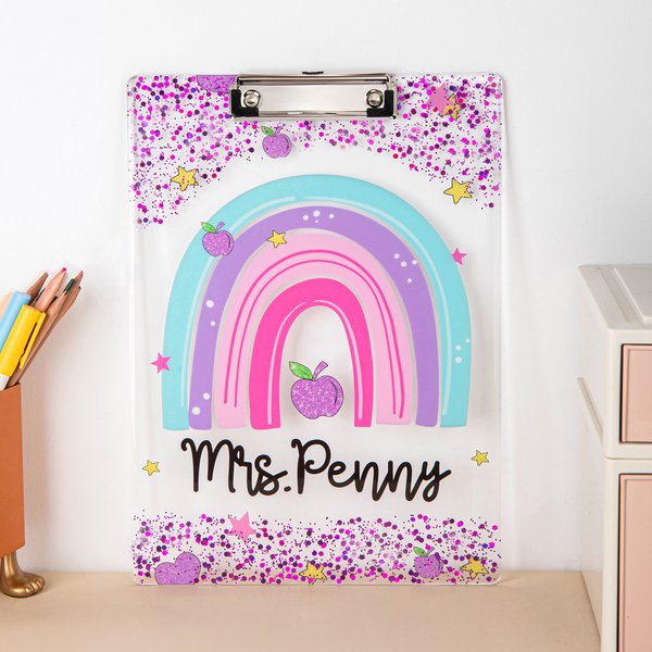 Personalized Glitter Rainbow Apple Acrylic Clipboard with Text School Supplies Teacher Appreciation Week Gift for Teachers