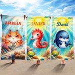 Toalla de playa personalizada con nombre diseño de mundo submarino y adorables animales marinos de secado rápido regalo de cumpleaños para niños