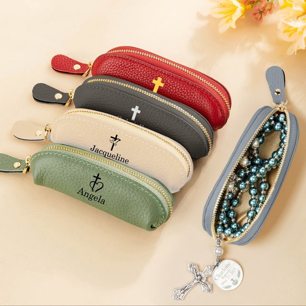Carry His Grace Everywhere - Personalized PU Leather Rosary Coin Purse with Name - Christian Gift for Baptism, Christmas & Confirmation