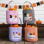 Personalized Witch Hat Spooky Ghost Gingham Canvas Trick or Treat Bag with Embroidered Applique Patterns and Name Halloween Gift for Girls Boys