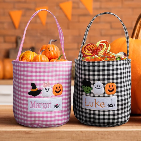 Personalized Witch Hat Spooky Ghost Gingham Canvas Trick or Treat Bag with Embroidered Applique Patterns and Name Halloween Gift for Girls Boys
