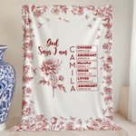 Spersonalizowany koc z imieniem i nazwiskiem Toile De Jouy Birth Flower Bible Chapter Soft Throw Blanket Baptism Birthday Christmas Gift for Women Christians