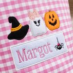 Personalized Witch Hat Spooky Ghost Gingham Canvas Trick or Treat Bag with Embroidered Applique Patterns and Name Halloween Gift for Girls Boys