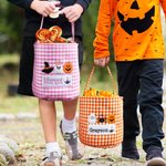 Personalized Witch Hat Spooky Ghost Gingham Canvas Trick or Treat Bag with Embroidered Applique Patterns and Name Halloween Gift for Girls Boys