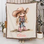 Personalised Cartoon Cowboy Cowgirl Tassel Soft Throw Blanket with Name Home Decor Birthday Gift for Kids Cowboy Lovers